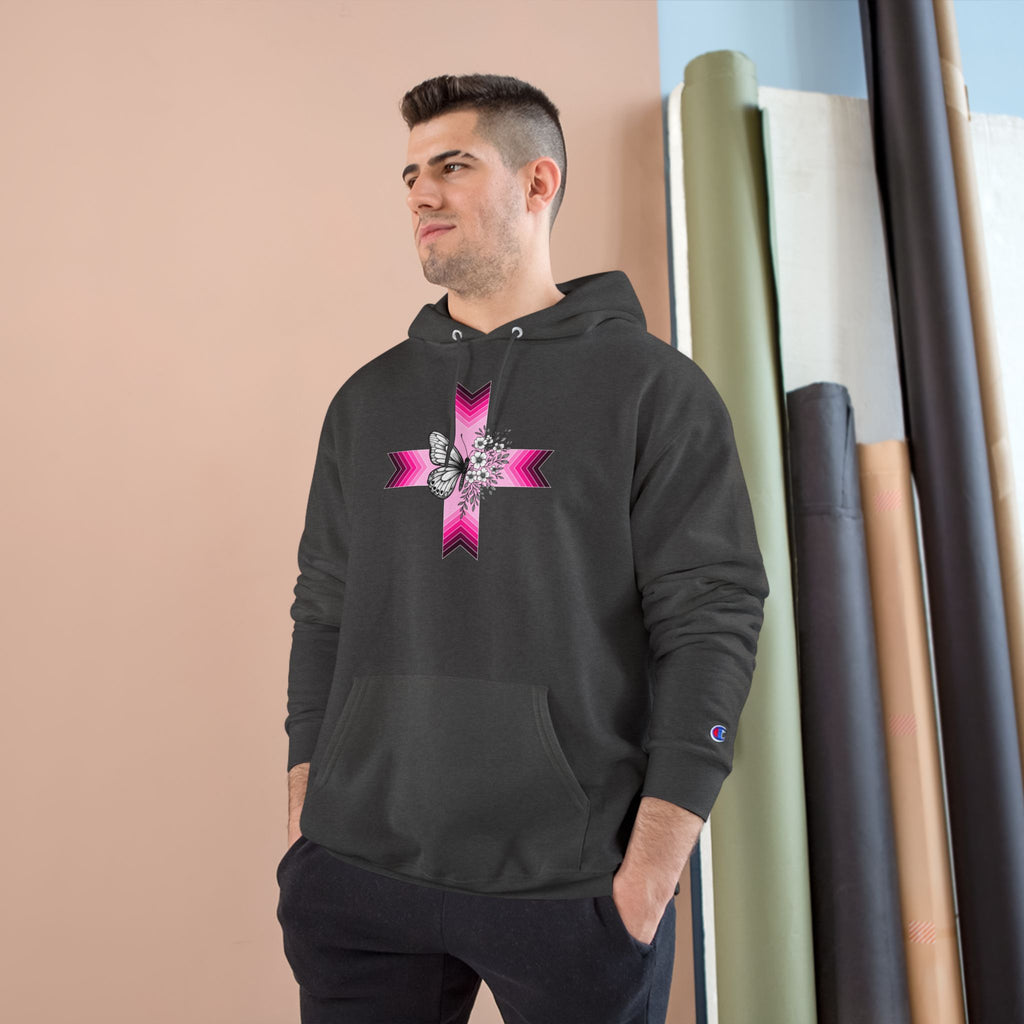Butterfly Ribbon Cross Hoodie — Pink Awareness Champion Sweatshirt