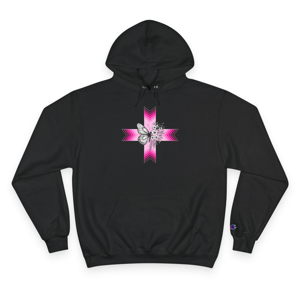 Butterfly Ribbon Cross Hoodie — Pink Awareness Champion Sweatshirt