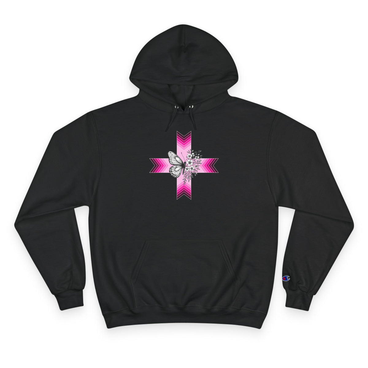 Butterfly Ribbon Cross Hoodie — Pink Awareness Champion Sweatshirt