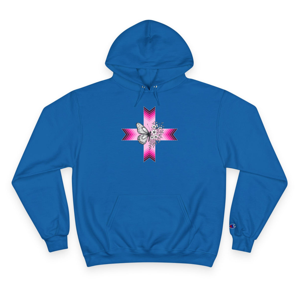 Butterfly Ribbon Cross Hoodie — Pink Awareness Champion Sweatshirt
