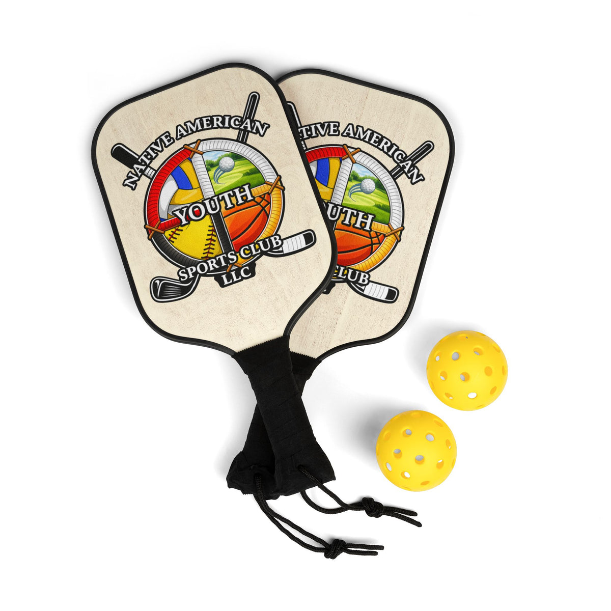 Youth Sports Club Pickleball Paddle Set — Native American Youth Design (2 Paddles + 2 Balls)