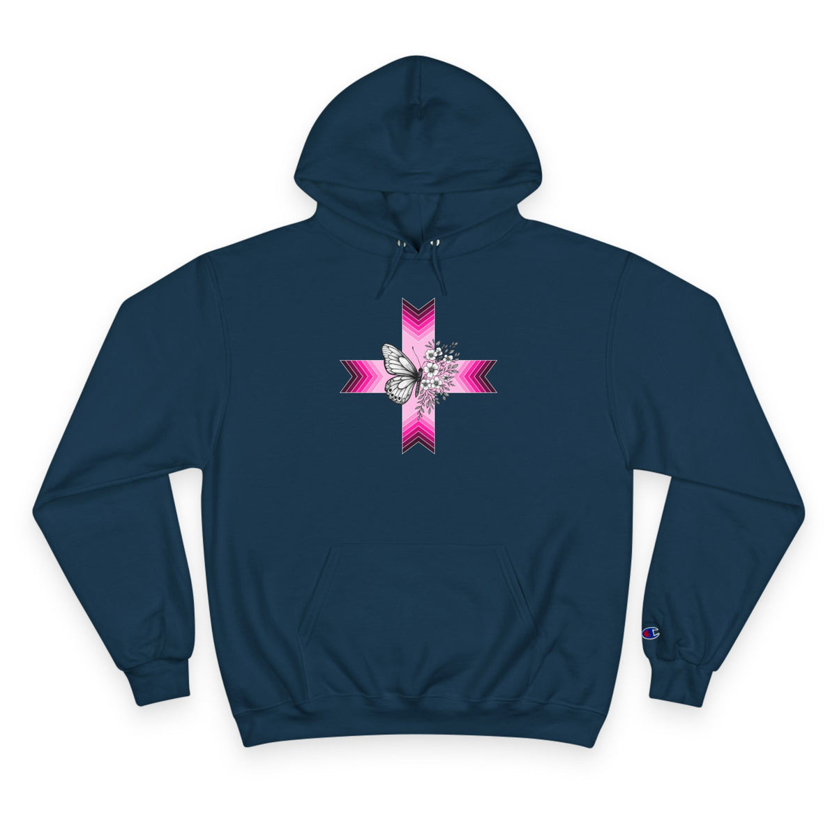 Butterfly Ribbon Cross Hoodie — Pink Awareness Champion Sweatshirt