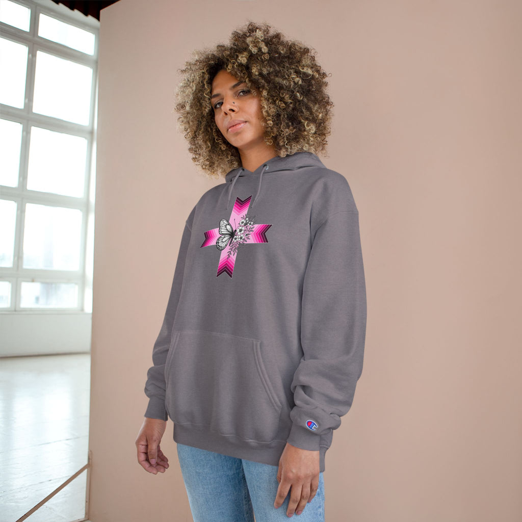 Butterfly Ribbon Cross Hoodie — Pink Awareness Champion Sweatshirt