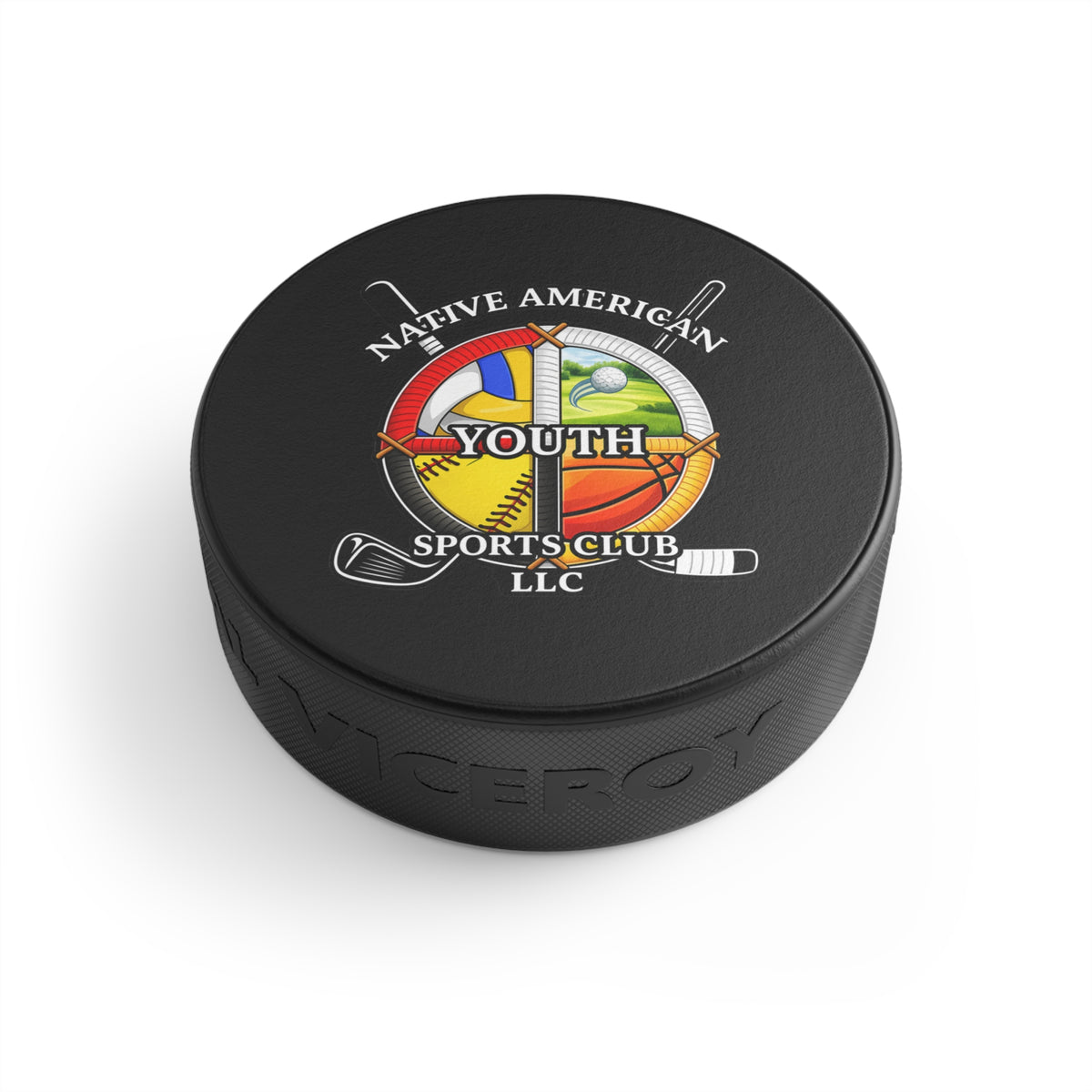 Native American Youth Sports Club Hockey Puck — Multi-Sport Emblem