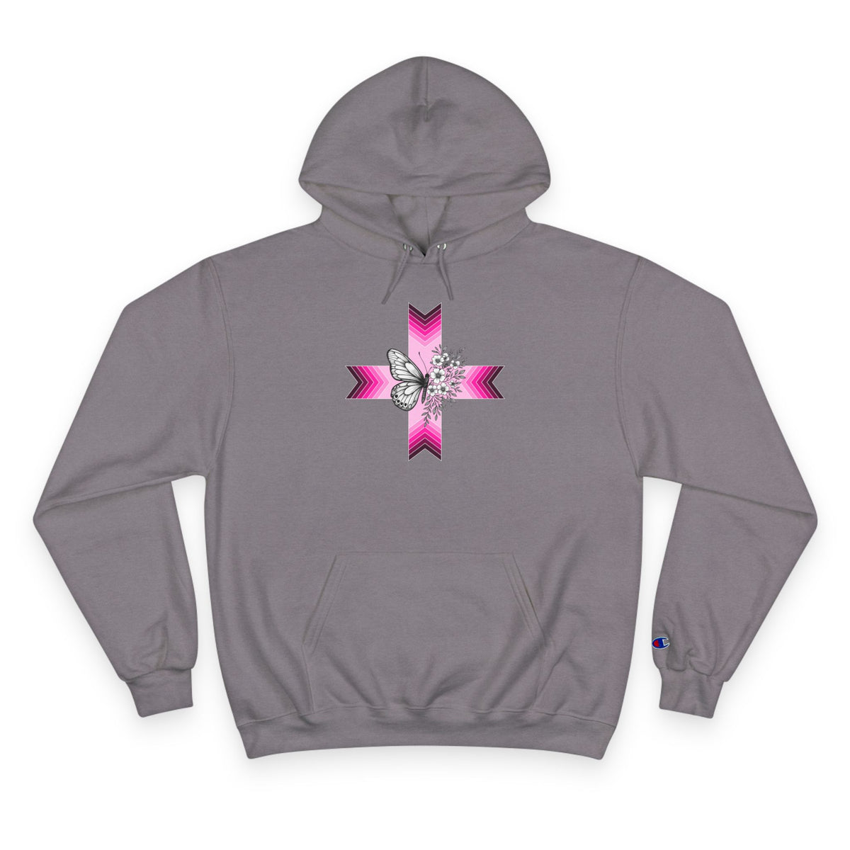 Butterfly Ribbon Cross Hoodie — Pink Awareness Champion Sweatshirt