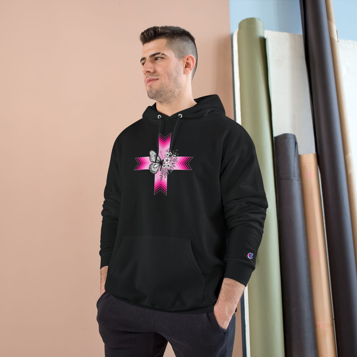Butterfly Ribbon Cross Hoodie — Pink Awareness Champion Sweatshirt