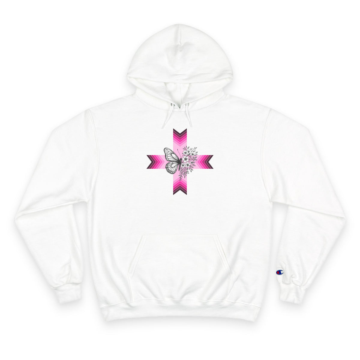 Butterfly Ribbon Cross Hoodie — Pink Awareness Champion Sweatshirt
