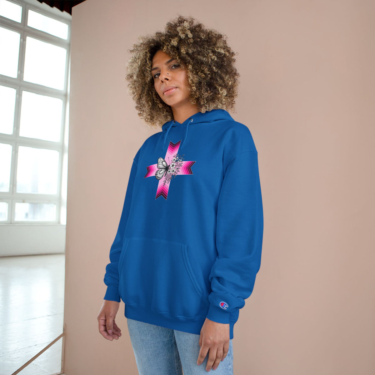 Butterfly Ribbon Cross Hoodie — Pink Awareness Champion Sweatshirt