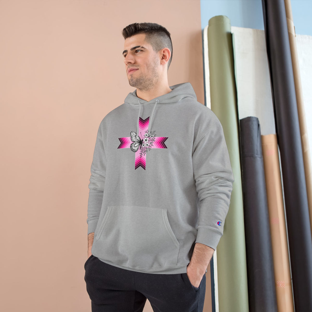 Butterfly Ribbon Cross Hoodie — Pink Awareness Champion Sweatshirt
