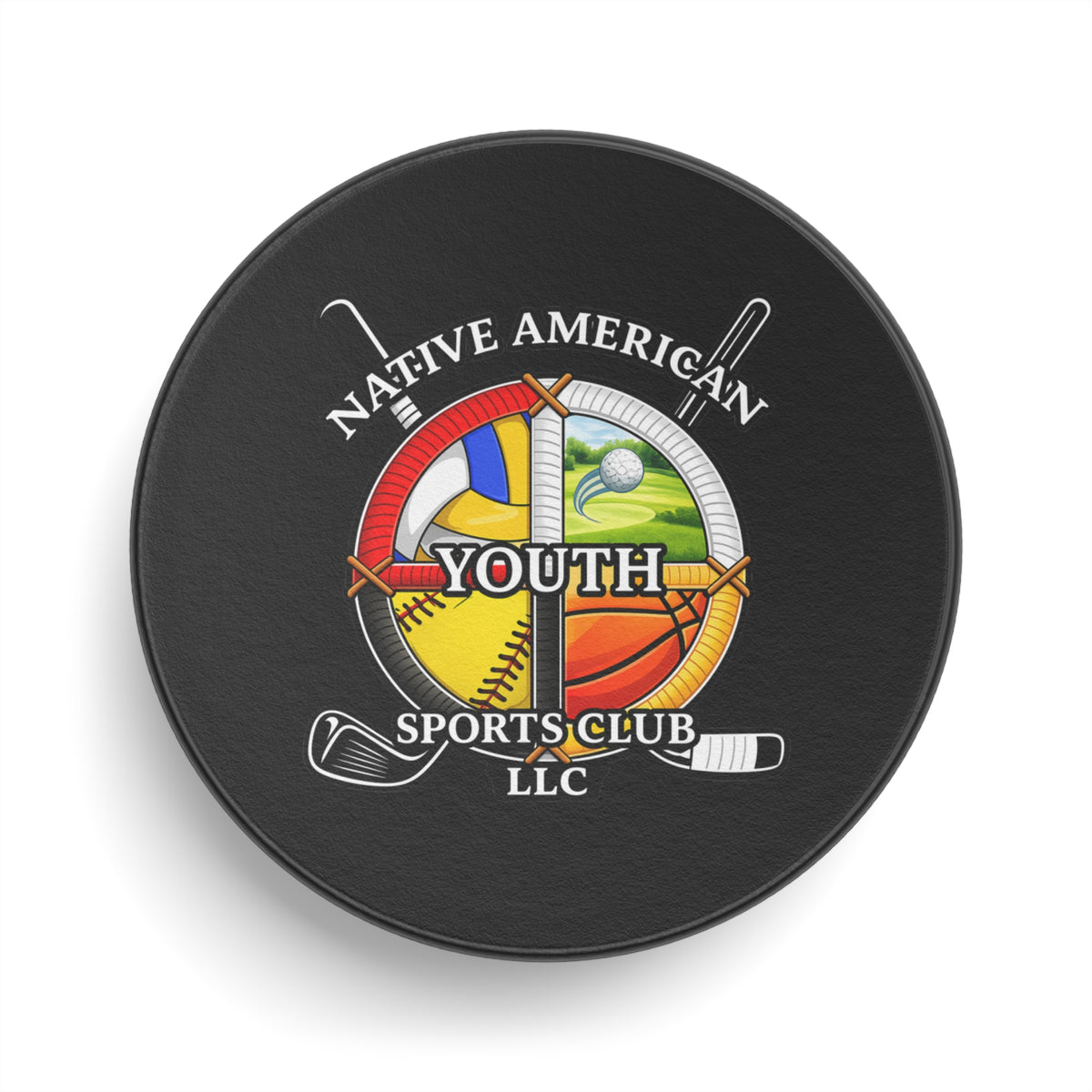 Native American Youth Sports Club Hockey Puck — Multi-Sport Emblem