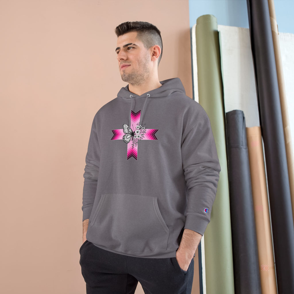 Butterfly Ribbon Cross Hoodie — Pink Awareness Champion Sweatshirt