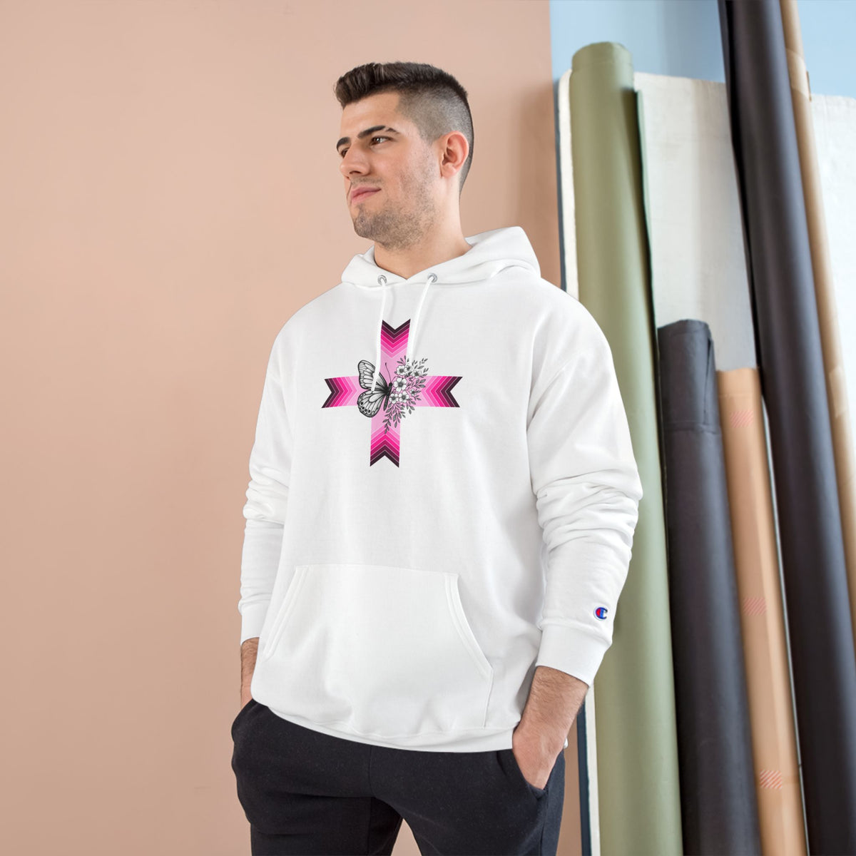 Butterfly Ribbon Cross Hoodie — Pink Awareness Champion Sweatshirt