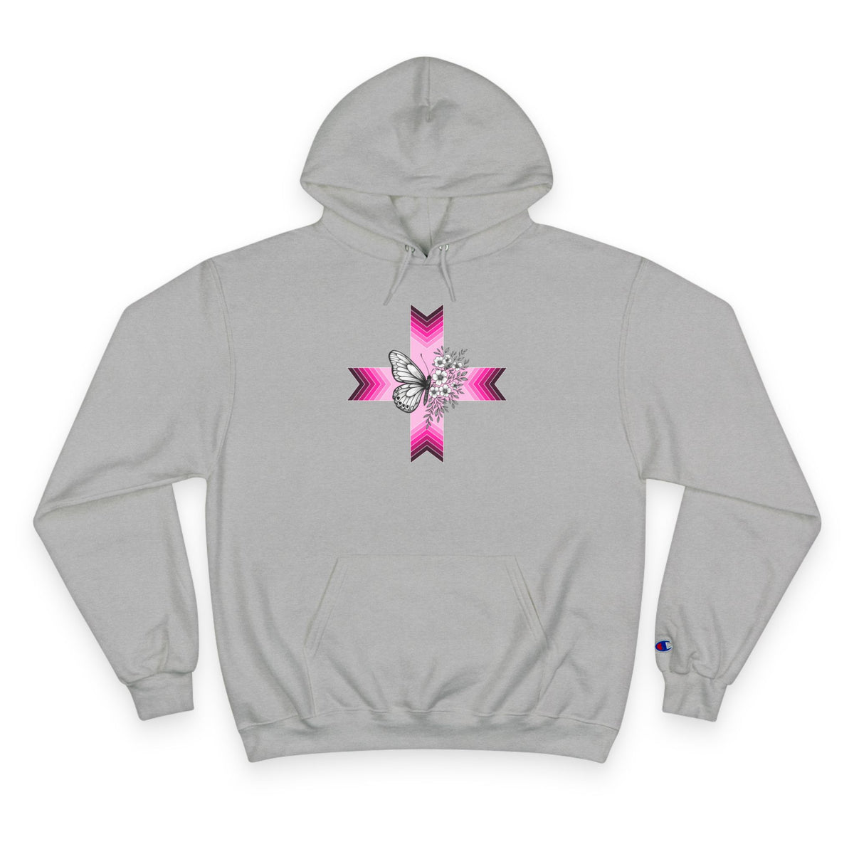 Butterfly Ribbon Cross Hoodie — Pink Awareness Champion Sweatshirt
