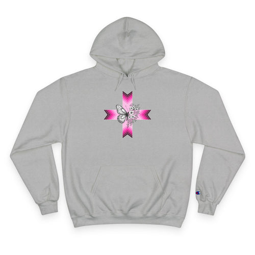 Butterfly Ribbon Cross Hoodie — Pink Awareness Champion Sweatshirt