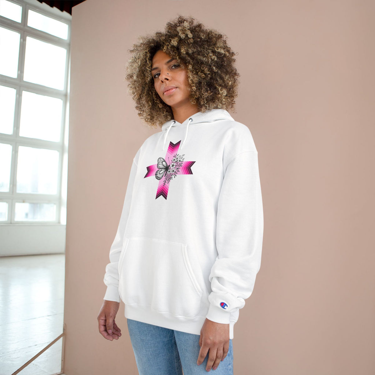 Butterfly Ribbon Cross Hoodie — Pink Awareness Champion Sweatshirt