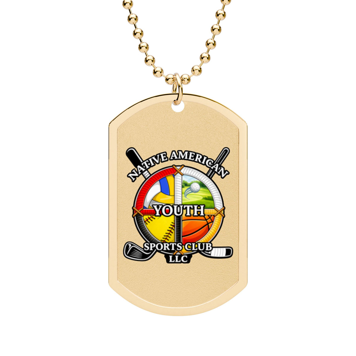 Youth Sports Club Dog Tag Necklace — Multi-Sport Emblem on Gold Chain
