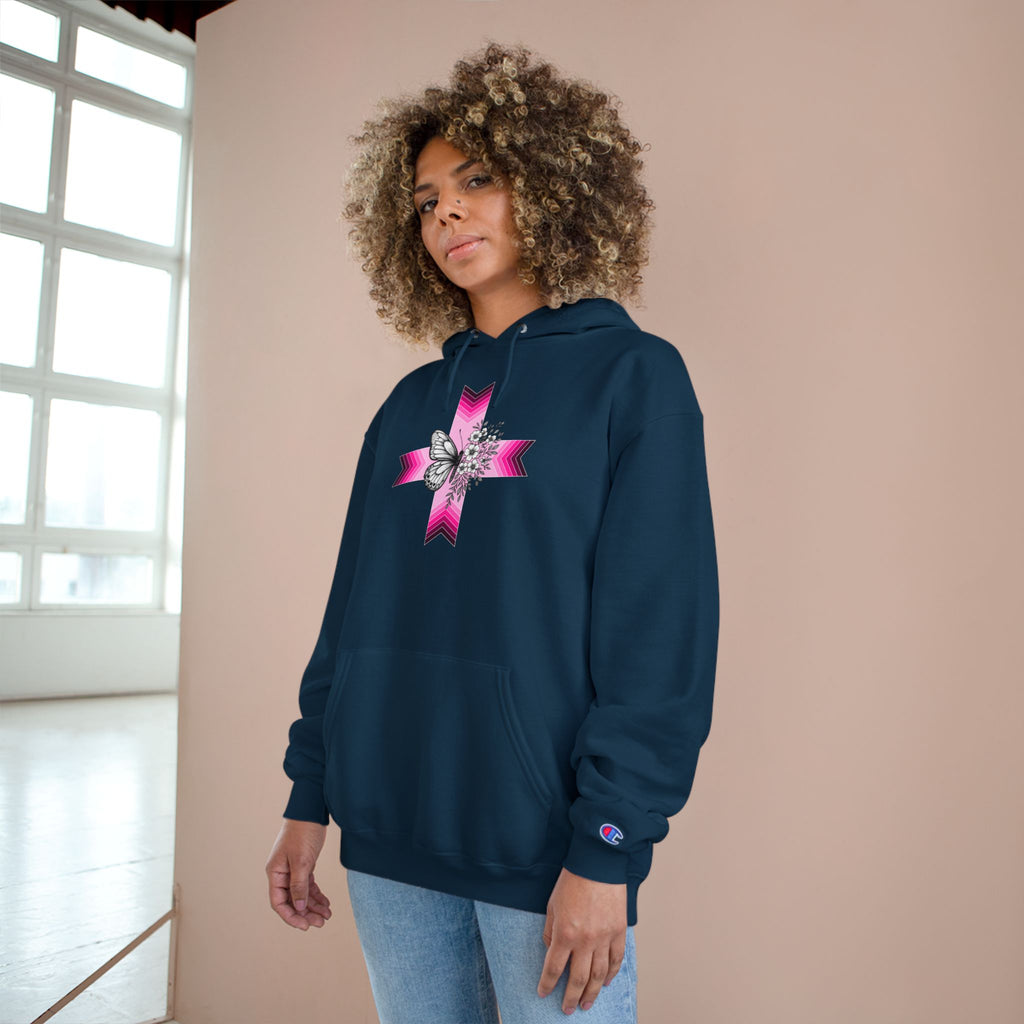 Butterfly Ribbon Cross Hoodie — Pink Awareness Champion Sweatshirt