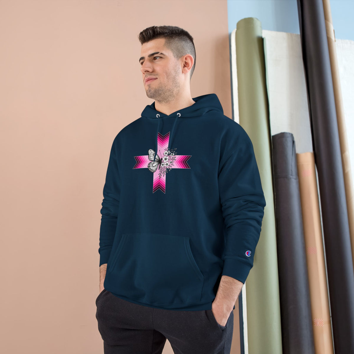 Butterfly Ribbon Cross Hoodie — Pink Awareness Champion Sweatshirt