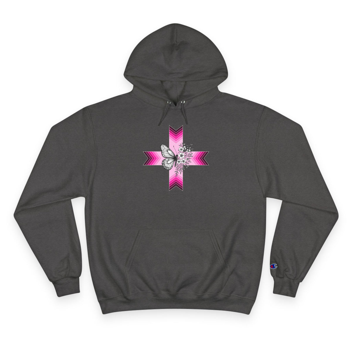 Butterfly Ribbon Cross Hoodie — Pink Awareness Champion Sweatshirt