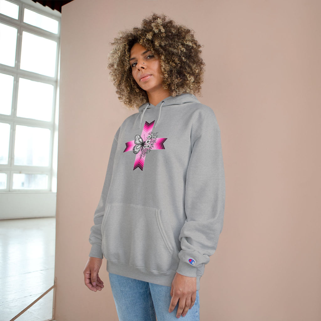 Butterfly Ribbon Cross Hoodie — Pink Awareness Champion Sweatshirt