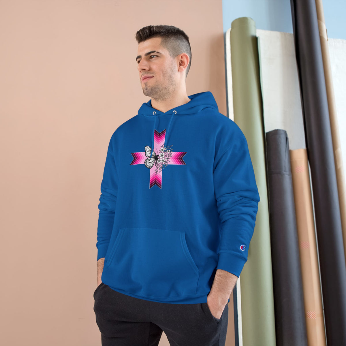 Butterfly Ribbon Cross Hoodie — Pink Awareness Champion Sweatshirt
