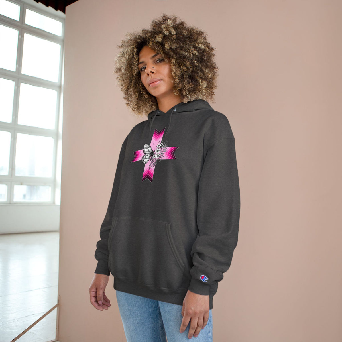 Butterfly Ribbon Cross Hoodie — Pink Awareness Champion Sweatshirt