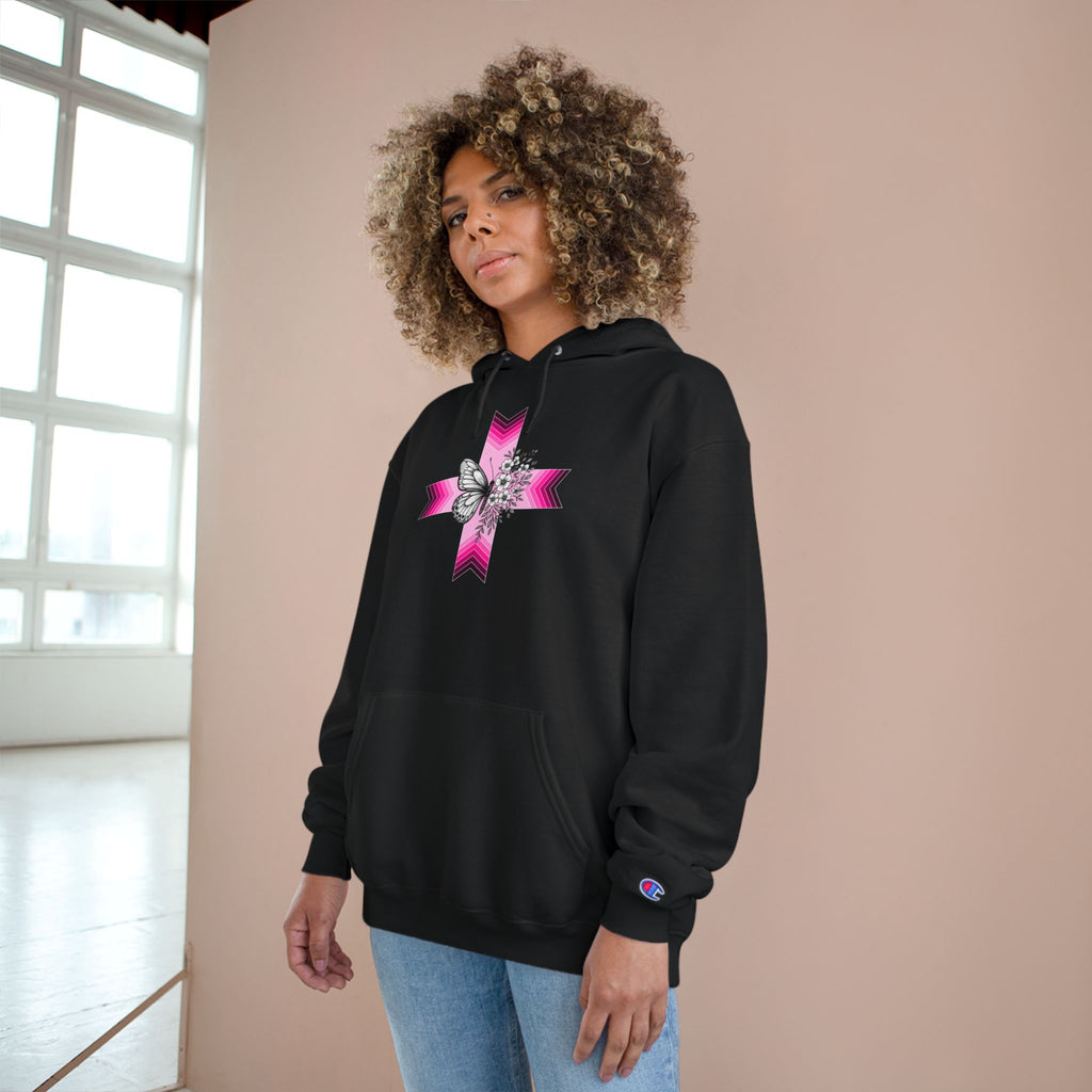 Butterfly Ribbon Cross Hoodie — Pink Awareness Champion Sweatshirt